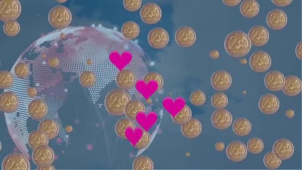 Animation Pink Heart Icons Gold Coin Icons Spinning Globe Clouds — Vídeo de stock