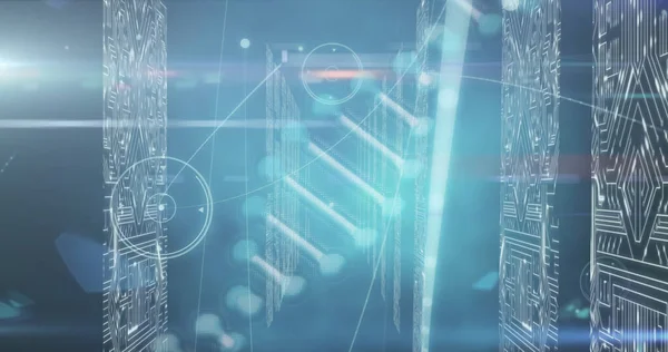 Image of dna structure spinning over screens of microprocessor connections on blue background. Medical research and science technology concept