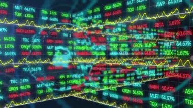 Animation of stock market data and line graphs moving over padlocks. Hologram, digitally generated, multiple exposure, trading, investment, cyber security, database and technology.