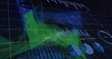 Animation of financial data processing over shapes on black background. Global technology, connections and digital interface concept digitally generated video.