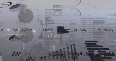 Animation of financial data processing and statistics over cityscape. Business, finance and data processing concept digitally generated video.