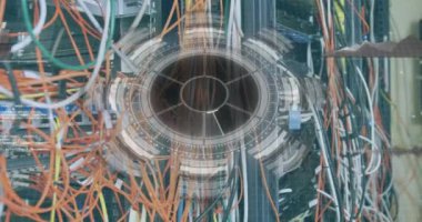 Animation of round scanner and data processing and round scanner over close up of a computer server. Computer interface and business data storage technology concept