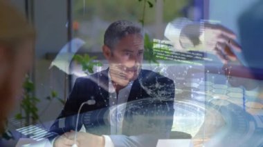 Animation of globe with network of connections over diverse business people. Global connections, business and finance concept digitally generated video.