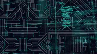 Animation of data processing over computer circuit board on black background. Global technology, computing and digital interface concept digitally generated video.