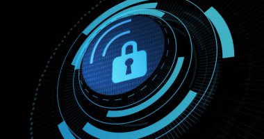 Image of digital padlock and wi fi in processing circle on black background. Data processing, digital security and technology concept digitally generated image.