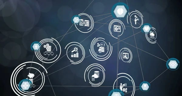 Image of network of digital icons against spots of light on blue background. Global networking and business technology concept