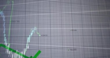 Digital animation of financial data processing over grid network against blue background. Global finance and business technology concept