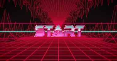 Animation of start text over digital tunnel. Retro future and digital interface concept digitally generated video.