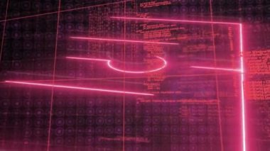 Animation of data processing over neon sport field plans on black background. Global sport, computing and digital interface concept digitally generated video.