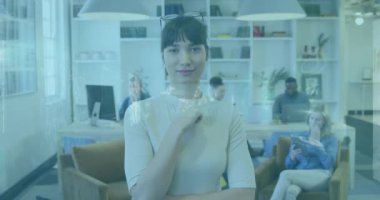 Animation of infographic interface and dnx helix over smiling businesswoman with diverse coworkers. Digital composite, multiple exposure, genetic, globalization, reports, medical, office.