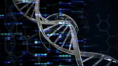 Animation of dna structures and and globe spinning against blue mosaic squares on black background. Medical research and business technology concept