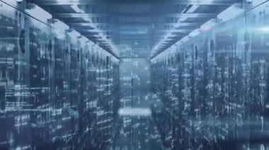 Animation of data processing and mosaic squares over empty computer server room. Business data storage technology concept