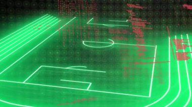 Animation of data processing over neon sport field plans on black background. Global sport, computing and digital interface concept digitally generated video.