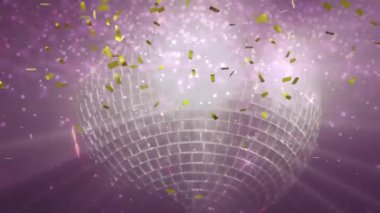 Animation of confetti against purple mirror shiny disco ball spinning with light beams. Digital composite, celebration, holiday and seasonal, party, clubbing.