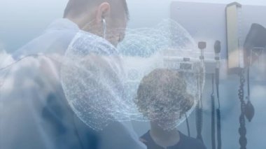 Gökyüzü ve bulutların animasyonu, Asyalı doktorun steteskoplu çocuğu muayene edişinin dikiz görüntüsü. Dijital bileşik, çoklu pozlama, çocukluk, sağlık, tıbbi, doğa ve hastane konsepti.