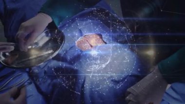 Animation of globe of network of connections over team of surgeons performing operation at hospital. Medical healthcare and technology concept