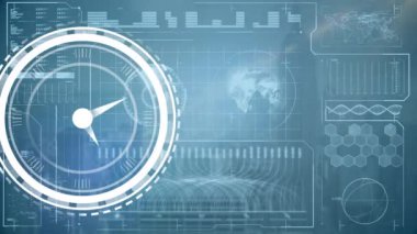 Animation of ticking clock over digital interface with data processing against blue background. Computer interface and business technology concept