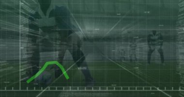 Animation of green graphs over african american male rugby player passing the ball on sports field. Sports and fitness technology concept
