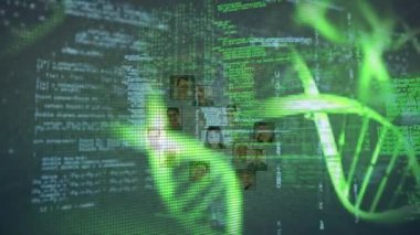 Digital animation of dna structures over data processing and globe of profile icons. Medical research and business technology concept