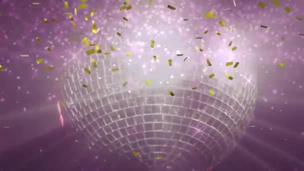 Animation Confetti Purple Mirror Shiny Disco Ball Spinning Light Beams — Stockvideo