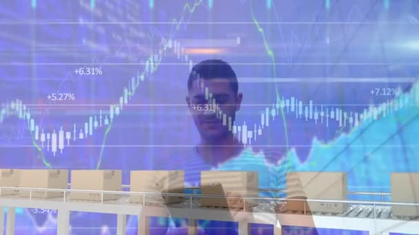 Animation Financial Data Processing Boxes Conveyor Belt Caucasian Man Using — Video