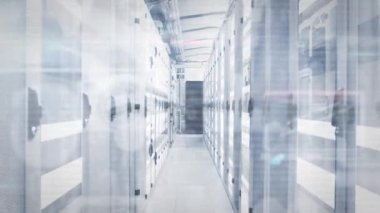 Animation of digital icons and light trails over empty computer server room. Business data storage technology concept
