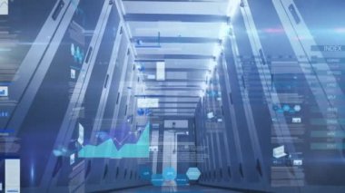 Animation of statistical data processing over empty computer server room. Business data storage technology concept