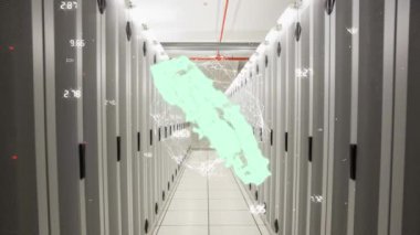 Animation of network cloud and data processing over servers in computer server room. Global communication, business, data security and digital interface concept digitally generated video.