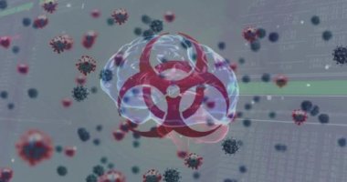 Animation of coronavirus moving around human brain, biohazard symbol rotating on digital interface. Digital composite, pandemic, covid-19, healthcare and medicine, epidemic, microbiology, science.