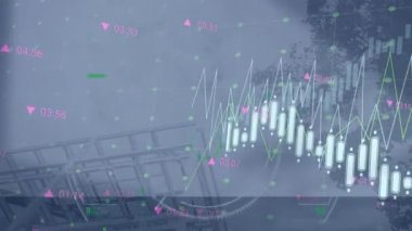 Animation of graphs moving, grids on digital interface with financial data processing against sky. Digital composite, multiple exposure, technology, business, development, progress, finance, economy.