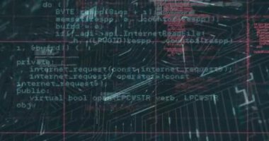 Animation of data processing over microprocessor connections against blue background. Cyber security and business technology concept