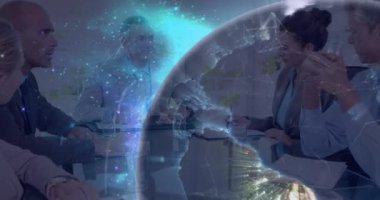 Animation of rotating globe over caucasian coworkers in meeting at board room. Digital composite, multiple exposure, globalization, communication, teamwork, business concept.