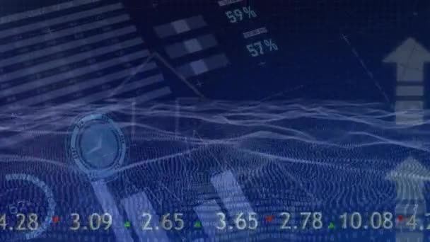 Animation Financial Data Graphs Charts World Map Wireframe Landscape Digital — Vídeo de Stock