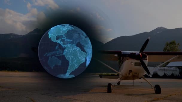 Animation Blue Globe Upward Arrows Small Plane Waiting Airport Global — Vídeo de Stock