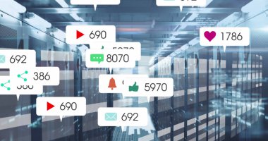 Image of social media icons and numbers and data processing over computer servers. Global social media, computing, data processing and digital interface concept digitally generated image.