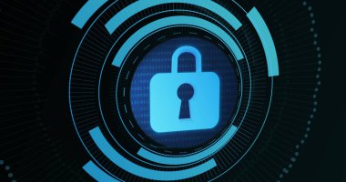 Image of digital padlock in processing circle on black background. Data processing, digital security and technology concept digitally generated image.