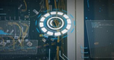 Animation of round scanner and data processing over biracial female engineer working at server room. Computer interface and business data storage technology concept