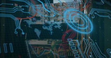 Animation of interface with data processing and round scanner over close up of a computer server. Computer interface and business data storage technology concept