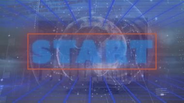 Animation of start text over data processing with globe and clock on black background. Global technology, computing and digital interface concept digitally generated video.