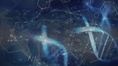 Animation of network of connections and multiple dna structure spinning against blue background. Medical healthcare and technology concept