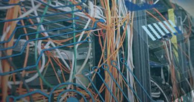 Animation of interface with data processing and round scanner over close up of a computer server. Computer interface and business data storage technology concept