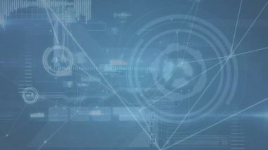 Animation of lines connecting dots against data processing with hud on digital interface. Digital composite, artificial intelligence, cloud computing, technology, connect the dots, networking.