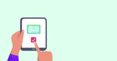 Animation of travel icons over hands using tablet. Social media, travel and digital interface concept digitally generated video.