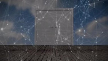 Animation of network of connections spinning over door opening on wooden plank against clouds in sky. Global networking and business technology concept