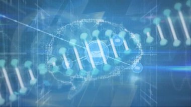 Animation of dna strand and digital brain over network of connections with icons. Global connections, computing and digital interface concept digitally generated video.