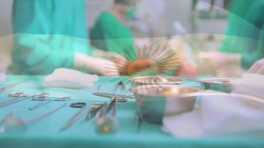 Animation of flag of argentina over caucasian surgeons with face masks. Global medicine, patriotism and digital interface concept digitally generated video.