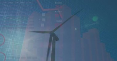 Animation of graphs, charts with data processing on digital interface against wind turbine. Digital composite, multiple exposure, power generation, sustainable energy, development, finance, economy.