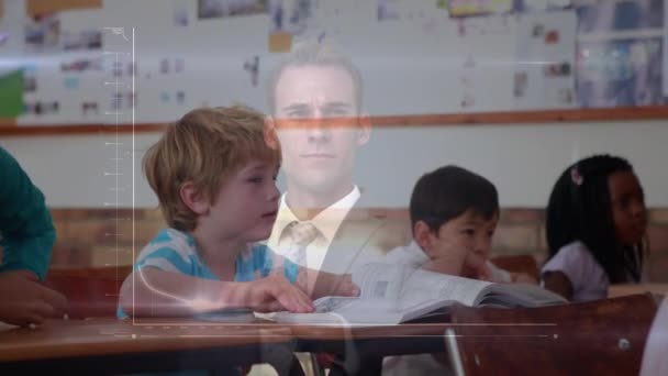 Composite Video Diverse Students Studying School Businessman Touching Futuristic Screen — Wideo stockowe