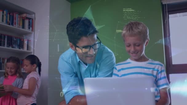 Animation Data Processing Globe Caucasian Male Teacher Boy Using Laptop — Stok video