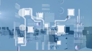 Animation of interface with data processing against empty office. Computer interface and business technology concept